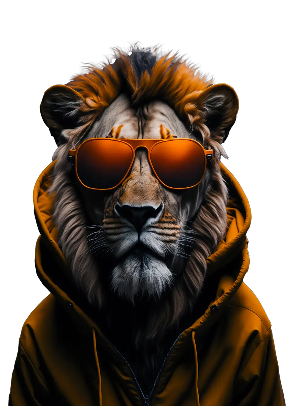 A lion wearing glassing and a hoodie